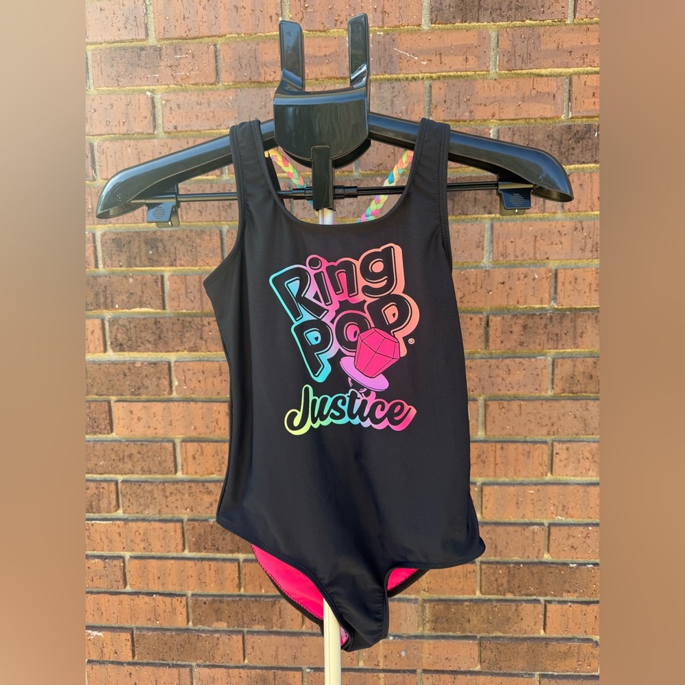 Justice Girls Swimsuit One-Piece Black Ring Pop Logo Cross Strap Size Medium 10